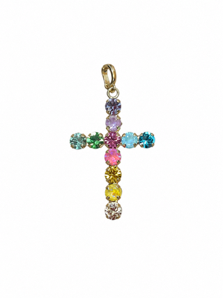 gold cross charm with multicolor crystals