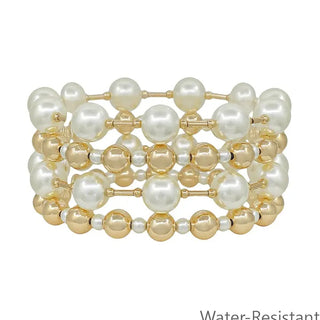 gold beaded and pearl 10mm set of 4 stretch bracelets water resistant