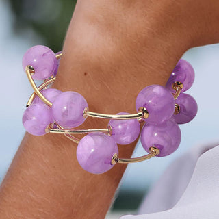 3PCS - Resin Ball Metal Bar Beaded Stretch Stackable Multi Layered Bracelets Gold Lavender - The Pointe Boutique