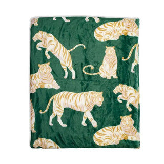 green throw blanket with gold tigers