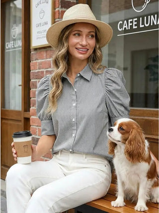 The Ashley Mae Black Striped Top – grey and white stripe button-up shirt, collar, puff short sleeves