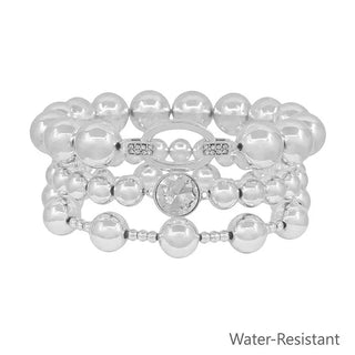 set of 3 oval silver beaded stretch bracelets water resistant