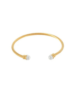 gold cable cuff bracelet with pearl ends