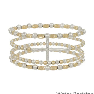 set of 4 gold and silver cross and 4mm beaded stretch bracelet water resistant