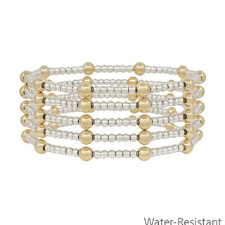 set of 5 5mm & 3mm gold and silver beaded stretch bracelet set water resistant