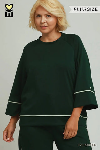 LuxeKnit Raglan Sleeve Contrast Piping Pullover - Evergreen - The Pointe Boutique