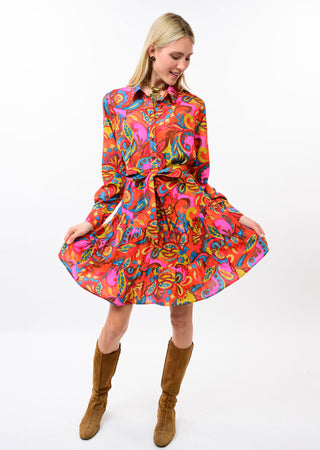 Bella Flounce Hem Shirt Dress – orange and pink floral shirt dress with a flounce hem