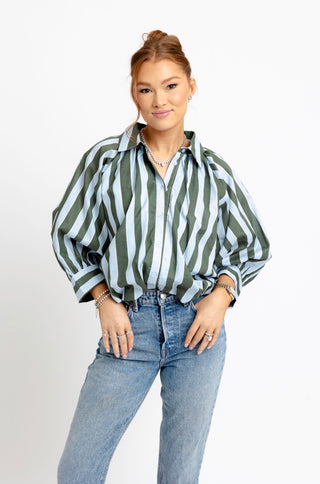The Audrey Grace Striped Bubble Top – green and white stripe oversized button-up shirt, long sleeves