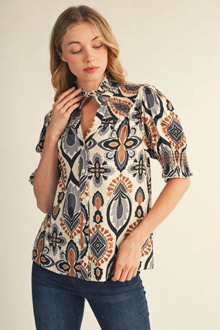The Bailey V Neck Boho Print Top – cream and navy medallion print blouse, keyhole split neck, short sleeves