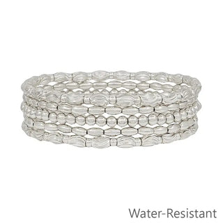 silver beaded and textured oval set of 5 stretch bracelets water resistant