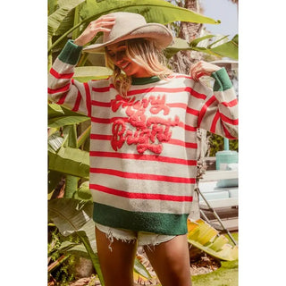 Ivory and red striped Merry & Bright Christmas knit sweater with green trim - The Pointe Boutique