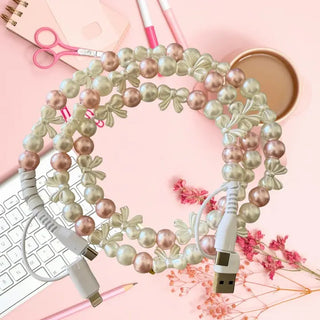pink and white pearl beaded 4 in 1 charging cable