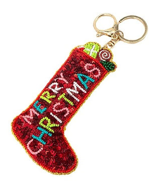 beaded red Merry Christmas stocking keychain