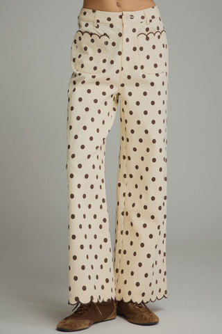 The Anna Faye Cream/Brown Polka Dot Pants – cream wide leg pants with brown polka dots