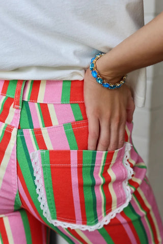 Candy Stripe Denim – red, pink and green candy stripe wide leg jeans