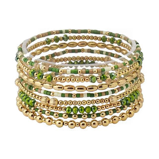 green sead bead and gold beaded set of 9 stretch bracelets