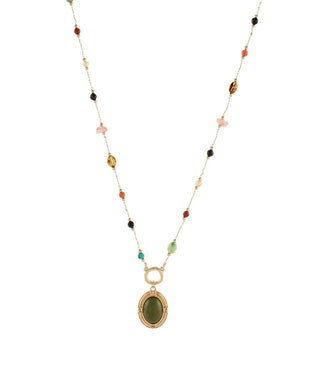 dainty beaded necklace with olive oval stone pendant