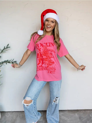 Rockin' Around The Christmas Tree Tee - pink Christmas graphic tee