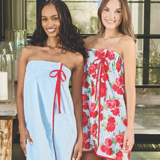 red roses on blue spa wrap