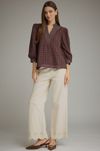 The Amelia V Neck Brown Eyelet Top – chocolate brown eyelet textured blouse, V neck, 3/4 puff sleeves