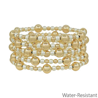 set of 5 8mm & 4mm gold and pearl beaded stretch bracelets water resistant