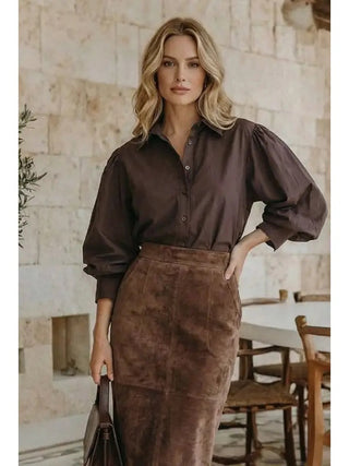 The Aria Dawn Solid Brown Button Down Top – chocolate brown button-up blouse, collar, balloon long sleeves