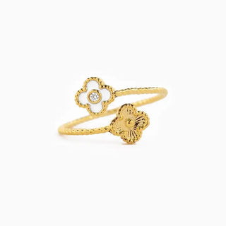Adjustable gold-tone clover wrap ring with white enamel clover and CZ center