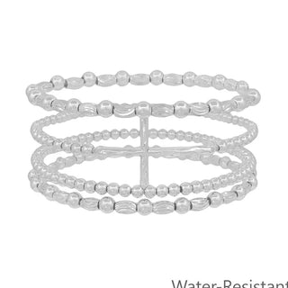 set of 4 silver cross and 4mm beaded stretch bracelets water resistant