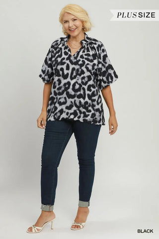 Animal Print Puff Sleeve Top - Black - The Pointe Boutique