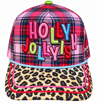Holly Jollyish Hat – plaid trucker hat with "Holly Jollyish" in colorful puff lettering and a leopard brim