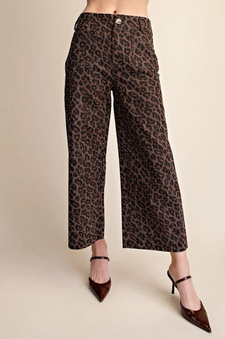 The Allie Jo Leopard Colette Cropped Rhinestone Pants – leopard print cropped wide leg pants with rhinestone accents