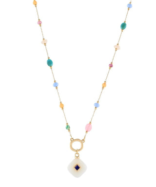 dainty gold station necklace with colorful stones