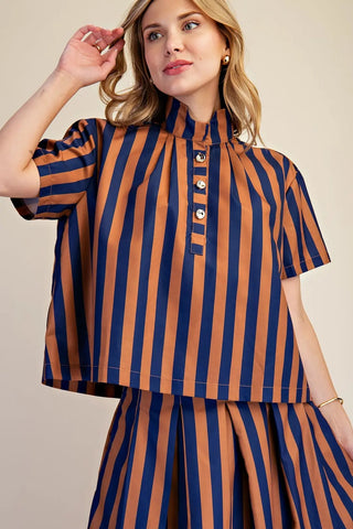 Camel Stripe Top – navy and camel wide-stripe top with a button placket, stand collar and short sleeves