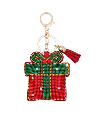 beaded red and green Christmas present keychain