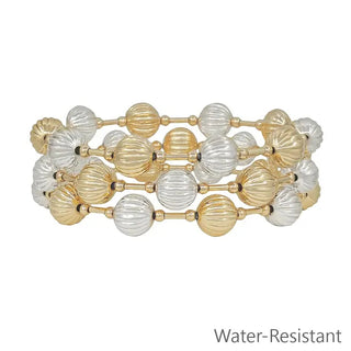set of 3 10mm gold and silver textured beaded stretch bracelet water resistant
