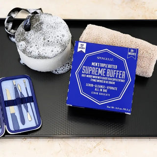 Men's Supreme body wash buffer with black scrubber in Cedar Absolute