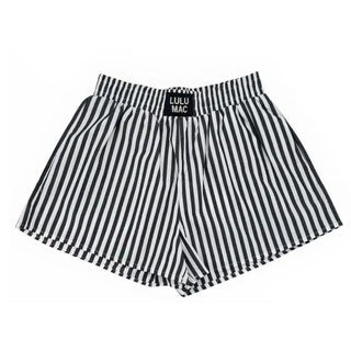 Lulu Black Striped Boxer Short – black and white pinstripe boxer shorts with a Lulu Mac label