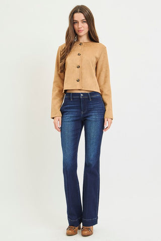 Marcy Ann Mid Rise Bootcut Jeans styled with a cropped jacket - The Pointe Boutique