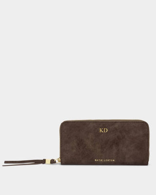 Chocolate suedette zip wallet shown with personalized monogram