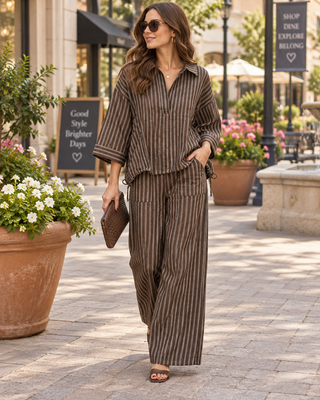 The Anna Jane Drawstring Hem Oversized Top – brown pinstripe collared button-up top, short sleeves, relaxed fit