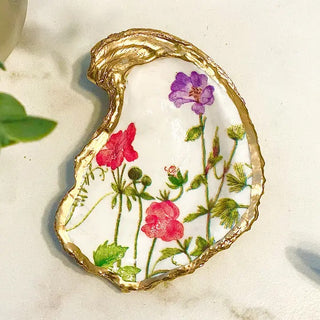 oyster shell trinket dish with wildflowers and gold edge