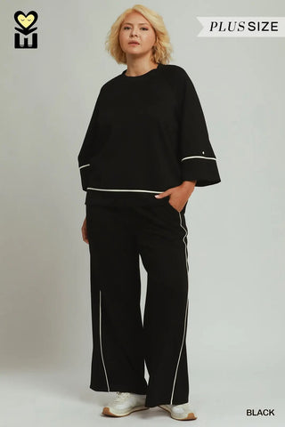 LuxeKnit Contrast Piping Wide Leg Pants - Black - The Pointe Boutique