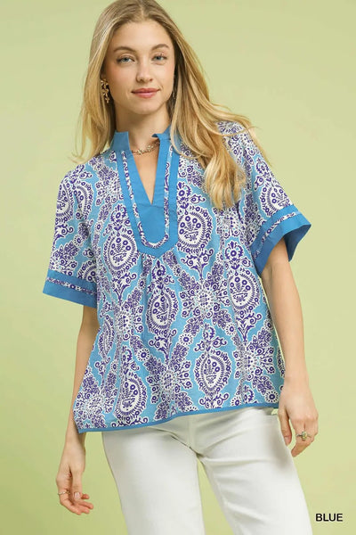Abstract Print V - Neck Top Blue - The Pointe Boutique
