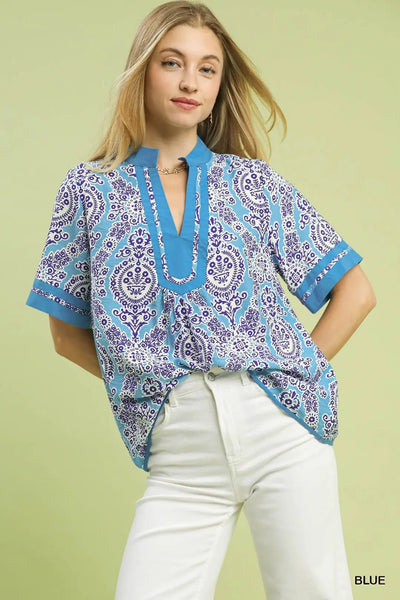 Abstract Print V - Neck Top Blue - The Pointe Boutique
