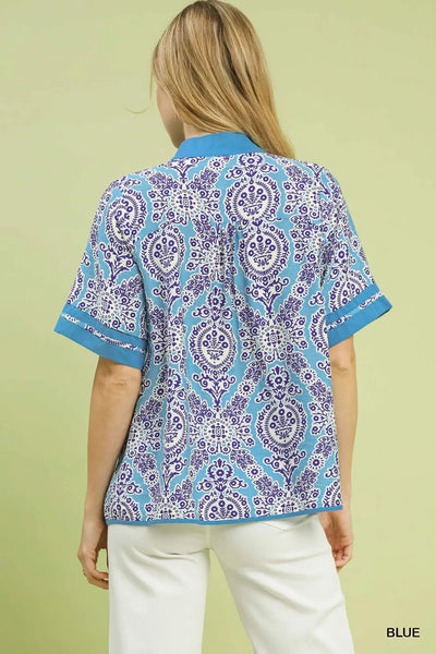 Abstract Print V - Neck Top Blue - The Pointe Boutique
