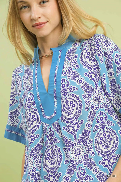 Abstract Print V - Neck Top Blue - The Pointe Boutique