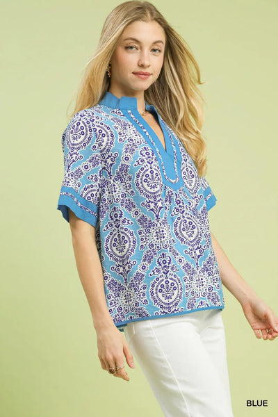 Abstract Print V - Neck Top Blue - The Pointe Boutique
