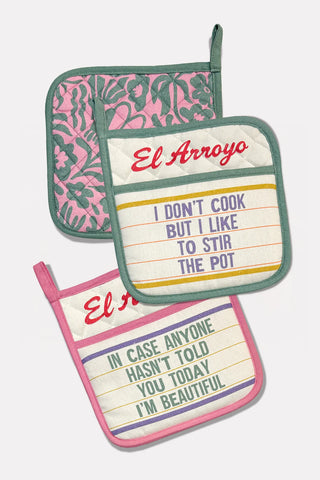 set of marquee pot holders with funny sayings