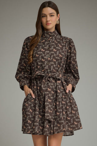 The Anne Leigh Horse Print Dress – brown horse print dress with mock neck, long sleeves and tie waist