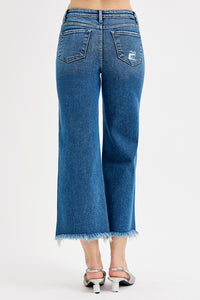 Addison Rose Jeans – medium wash wide leg cropped jeans with a raw frayed hem